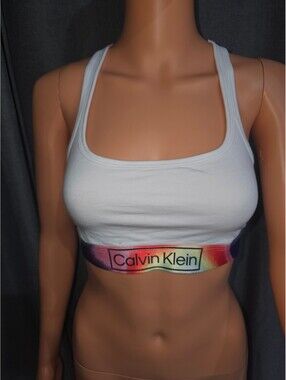Calvin Klein White Racerback Sports Bra with Rainbow Logo Band, Size M